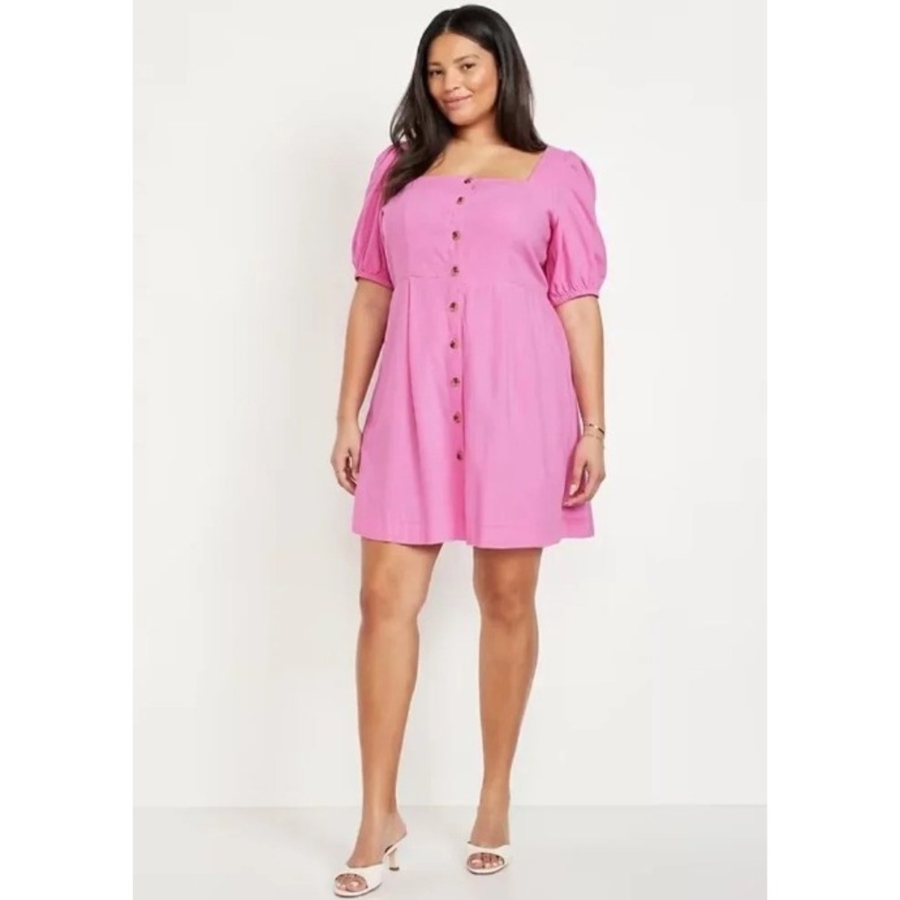 Old Navy Pink Linen Blend Button Down Dress Square Neck Puff Sleeve Barbiecore